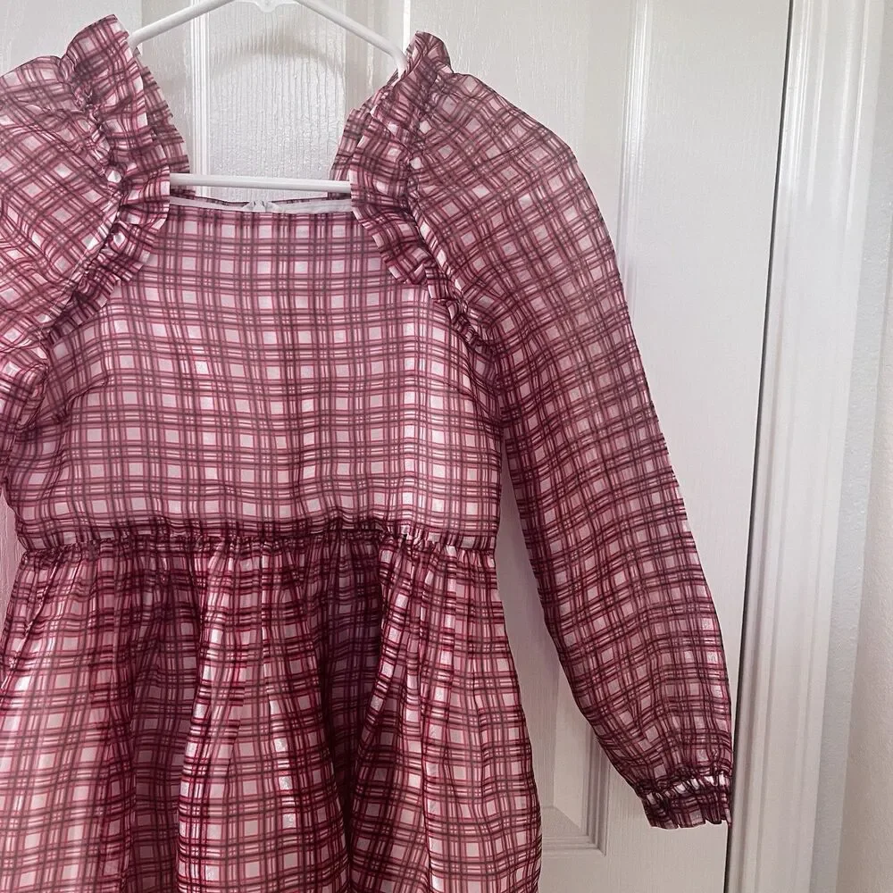 Crewcuts J.Crew Girl's Fairy-Tale Dress in Organza Plaid Ivory Vibrant Flame 12